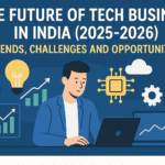 Businessman using laptop with technology icons – representing the future of tech business in India 2025–2026